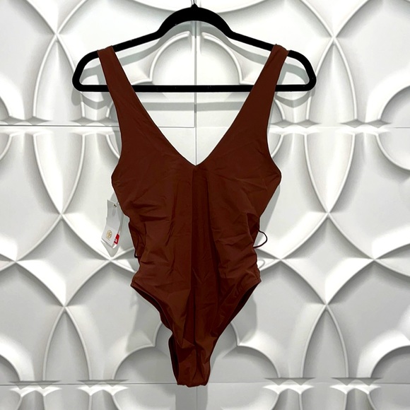 NWT Tory Burch brown Miller plunge one piece swimsuit spicy cocoa S. (K)